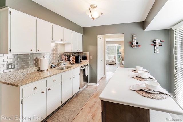 1106 Kings Cove Dr Unit 355, Rochester, MI 48306 - kitchen with light wood-type flooring, stainless steel dishwasher, backsplash, white cabinets, and light stone countertops
