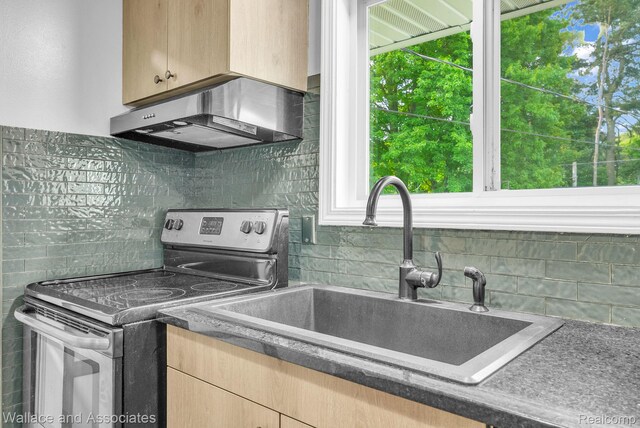6761 Mels Dr, Ruby, MI 48049 - kitchen with stainless steel electric range oven, island exhaust hood, tasteful backsplash, and light brown cabinets
