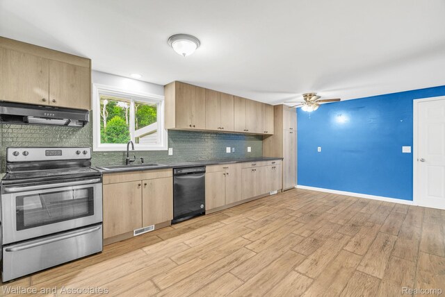 6761 Mels Dr, Ruby, MI 48049 - kitchen with electric stove, dishwasher, exhaust hood, light brown cabinets, and ceiling fan