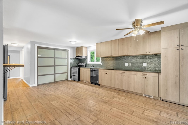 6761 Mels Dr, Ruby, MI 48049 - kitchen with stainless steel range with electric stovetop, light brown cabinets, black dishwasher, under cabinet range hood, and tasteful backsplash