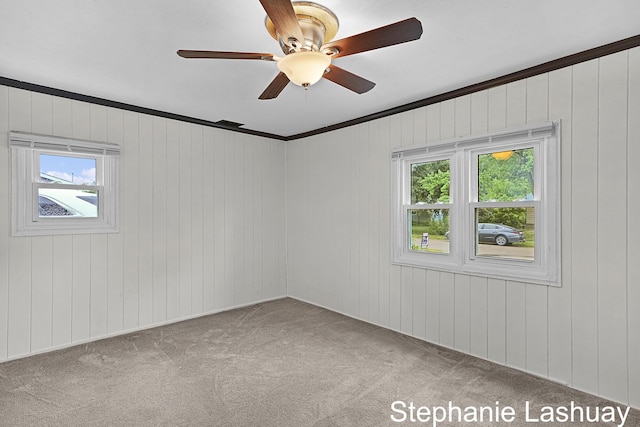 169 S Linda St NE, Cedar Springs, MI 49319 - carpeted spare room featuring plenty of natural light, a ceiling fan, ornamental molding, and wooden walls