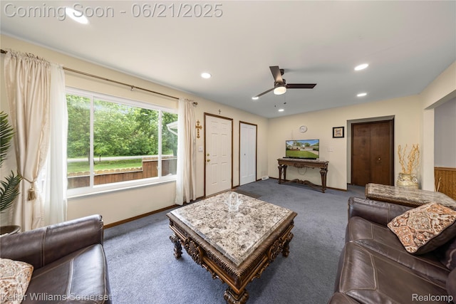 3123 W Utica Rd, Shelby Twp, MI 48317 - carpeted living area with a ceiling fan and recessed lighting