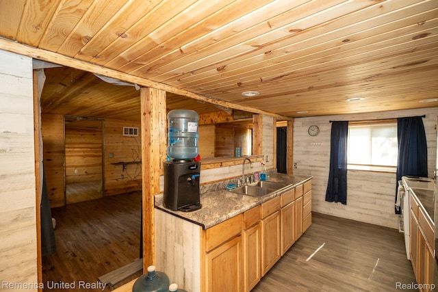 106 Devonshire Dr, Prudenville, MI 48651 - kitchen with wood ceiling, wooden walls, and wood finished floors
