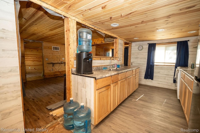 106 Devonshire Dr, Prudenville, MI 48651 - kitchen with wood ceiling, wooden walls, light wood-style floors, white range oven, and light brown cabinetry