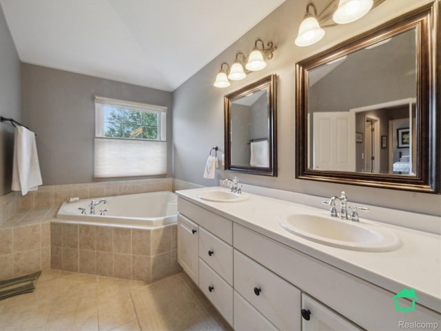 6345 Brookview Dr, Saline, MI 48176 - bathroom featuring double vanity, a garden tub, and tile patterned flooring