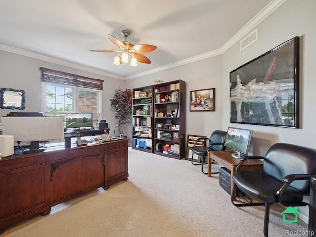 6345 Brookview Dr, Saline, MI 48176 - office with light colored carpet, ceiling fan, and ornamental molding