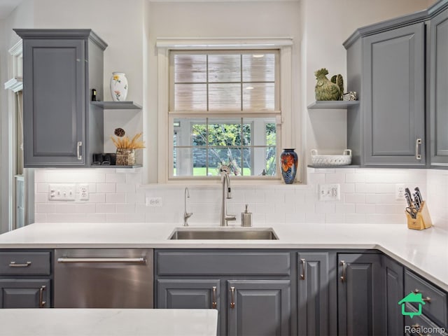 6345 Brookview Dr, Saline, MI 48176 - kitchen with open shelves, stainless steel dishwasher, and gray cabinets