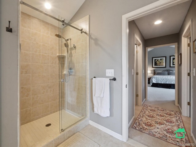 6345 Brookview Dr, Saline, MI 48176 - bathroom with connected bathroom, a stall shower, recessed lighting, lofted ceiling, and tile patterned flooring