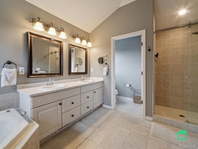 6345 Brookview Dr, Saline, MI 48176 - full bath featuring vaulted ceiling, a shower stall, double vanity, tile patterned floors, and a bath