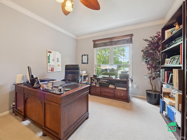6345 Brookview Dr, Saline, MI 48176 - office with light colored carpet, crown molding, and a ceiling fan