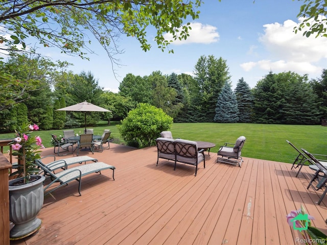 6345 Brookview Dr, Saline, MI 48176 - wooden terrace with a yard, outdoor dining area, and an outdoor living space