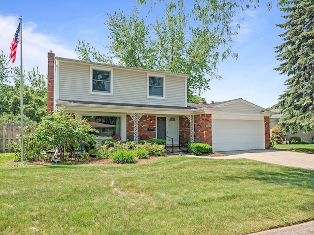 3640 Pall Dr, Warren, MI 48092 - traditional home with a chimney, concrete driveway, a garage, and brick siding