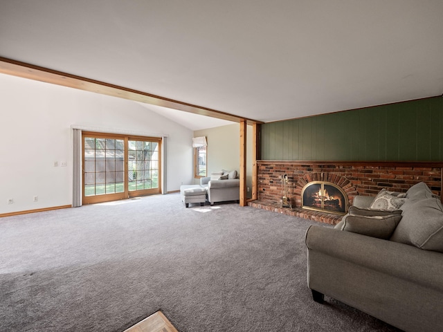 3640 Pall Dr, Warren, MI 48092 - carpeted living area featuring a fireplace and lofted ceiling
