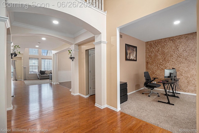 27455 Harrington Way, Novi, MI 48374 - office featuring arched walkways, ornate columns, wood finished floors, crown molding, and recessed lighting