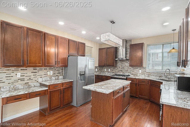 27455 Harrington Way, Novi, MI 48374 - kitchen with wall chimney range hood, appliances with stainless steel finishes, dark wood finished floors, decorative backsplash, and recessed lighting