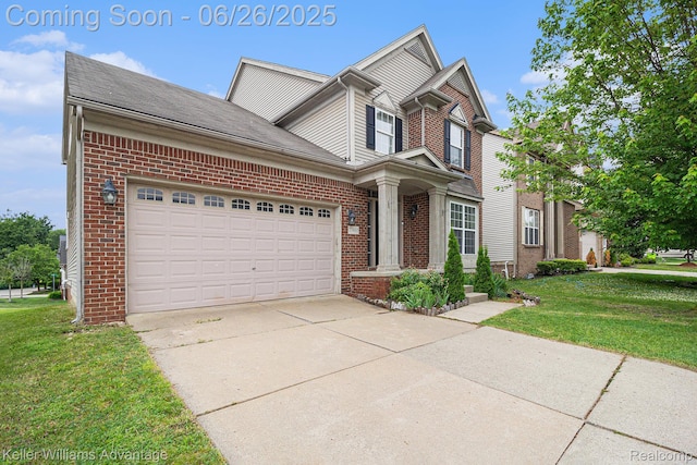 27455 Harrington Way, Novi, MI 48374 - traditional home featuring brick siding, a front lawn, concrete driveway, and a garage