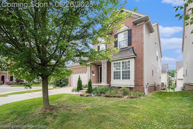 27455 Harrington Way, Novi, MI 48374 - traditional home with a front yard, an attached garage, driveway, and brick siding