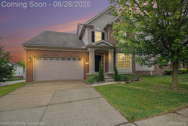 27455 Harrington Way, Novi, MI 48374 - traditional home with brick siding, a lawn, a garage, and concrete driveway