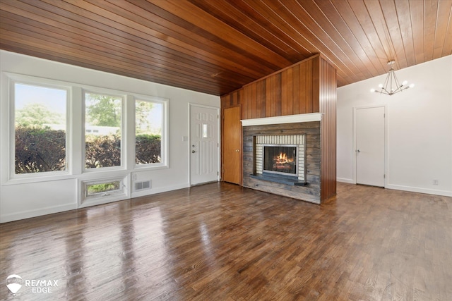3606 Pingree Ave, Flint, MI 48503 - unfurnished living room with vaulted ceiling, wood ceiling, a chandelier, a brick fireplace, and wood finished floors