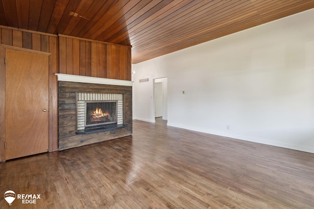 3606 Pingree Ave, Flint, MI 48503 - unfurnished living room featuring wood ceiling, a fireplace, and wood finished floors