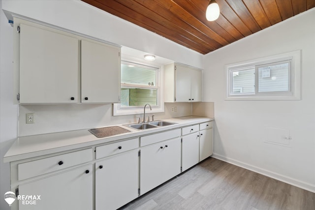 3606 Pingree Ave, Flint, MI 48503 - kitchen featuring wood ceiling, light wood-type flooring, light countertops, and white cabinets