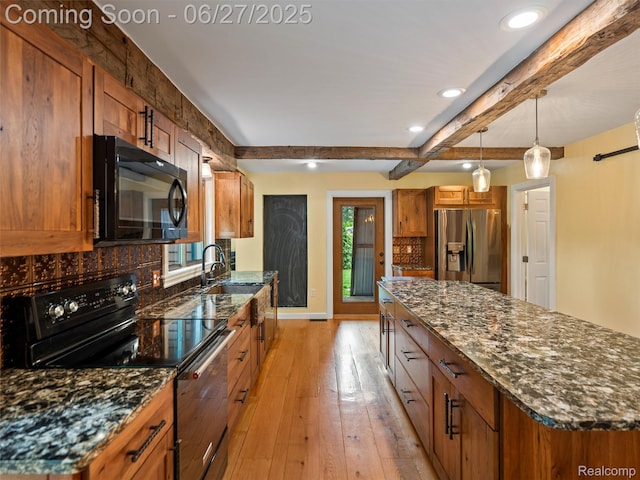 9767 Whisperwood Ln, Brighton, MI 48116 - kitchen with black appliances, brown cabinetry, backsplash, light wood-style flooring, and beamed ceiling
