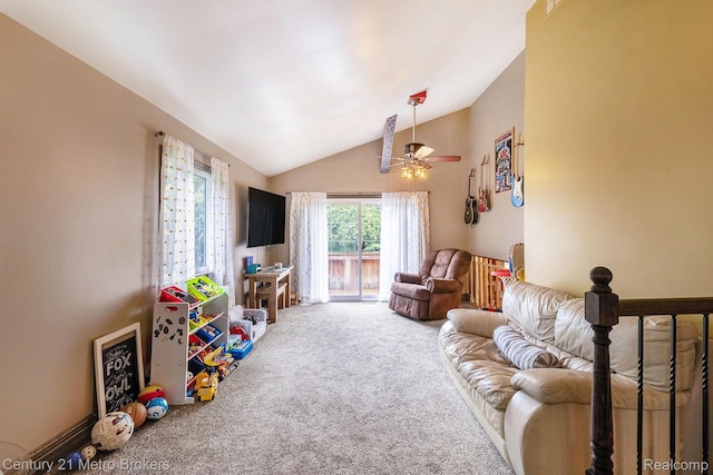 6428 W Court St, Flint, MI 48532 - living room featuring carpet, lofted ceiling, and a ceiling fan