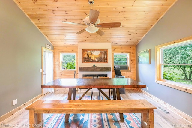6428 W Court St, Flint, MI 48532 - dining space with wood ceiling, light wood-style flooring, ceiling fan, lofted ceiling, and wooden walls