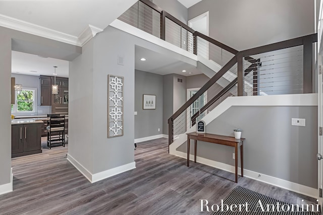 1977 Emerald Glen Ct NE, Ada, MI 49301 - foyer with stairs, dark wood finished floors, ornamental molding, a high ceiling, and recessed lighting