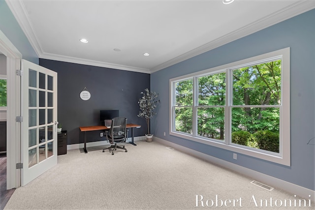 1977 Emerald Glen Ct NE, Ada, MI 49301 - carpeted office with crown molding, recessed lighting, and french doors