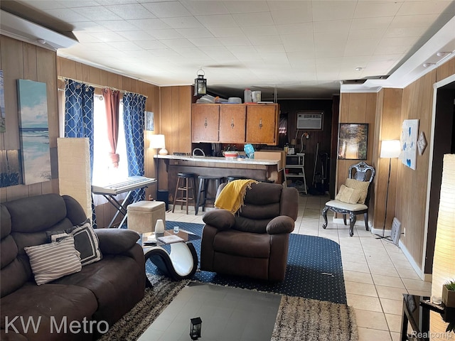103 N Roselawn St, Pontiac, MI 48342 - living room with wood walls, light tile patterned floors, and a wall mounted AC