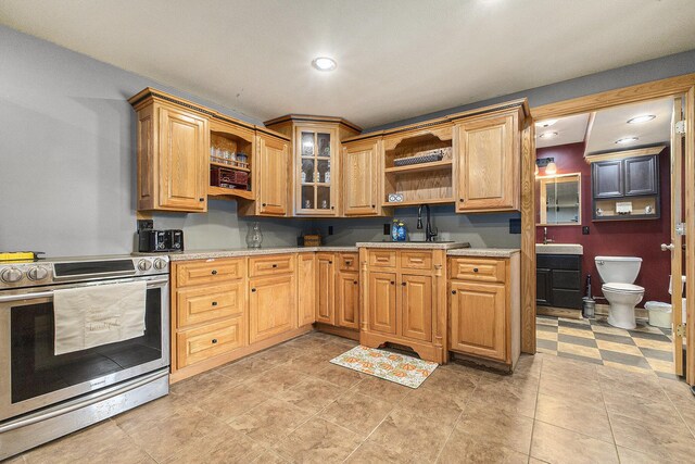9749 48th Ave, Allendale, MI 49401 - kitchen featuring electric stove, open shelves, recessed lighting, and glass insert cabinets
