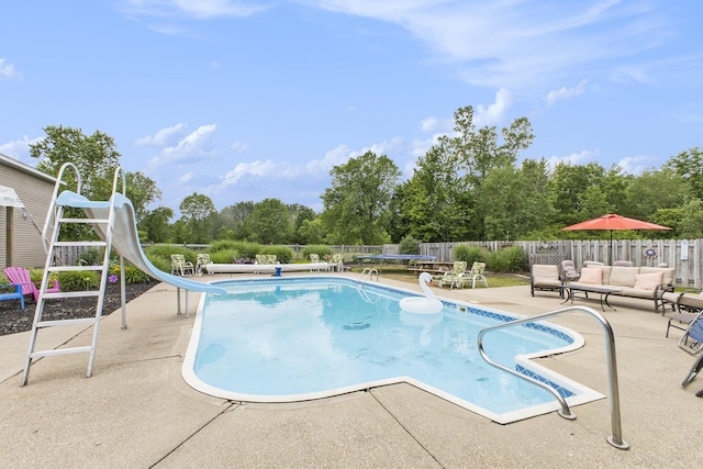 9749 48th Ave, Allendale, MI 49401 - view of swimming pool featuring a patio, a water slide, outdoor lounge area, and view of wooded area