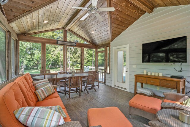 6368 E Lake Ln, Sawyer, MI 49125 - living area with plenty of natural light, wood finished floors, wooden ceiling, ceiling fan, and wood walls