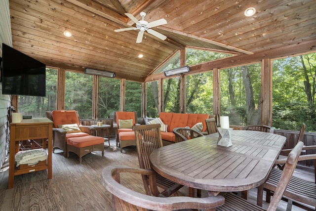 6368 E Lake Ln, Sawyer, MI 49125 - sunroom / solarium with an outdoor living space, a ceiling fan, wood finished floors, wood ceiling, and plenty of natural light