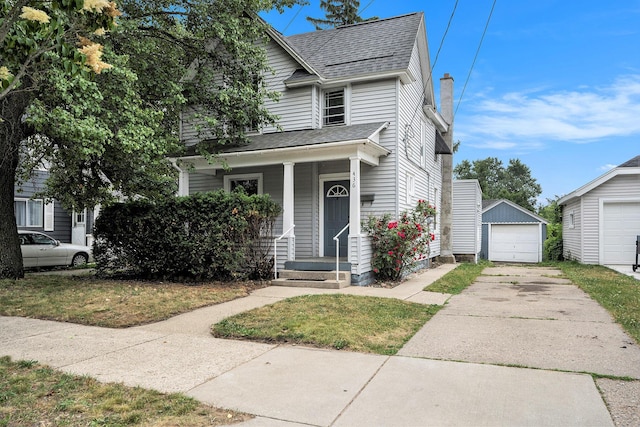 436 Quimby St NE, Grand Rapids, MI 49505 - view of front of house featuring driveway, a shingled roof, an outdoor structure, a porch, and a garage