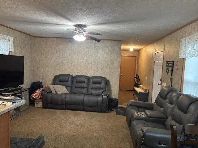 3728 Richardson St, Muskegon, MI 49442 - living room featuring carpet, a ceiling fan, a textured ceiling, and ornamental molding