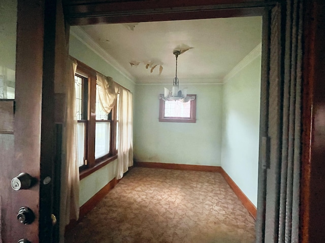 13310 Wilshire Dr, Detroit, MI 48213 - unfurnished dining area featuring light colored carpet, a chandelier, and crown molding