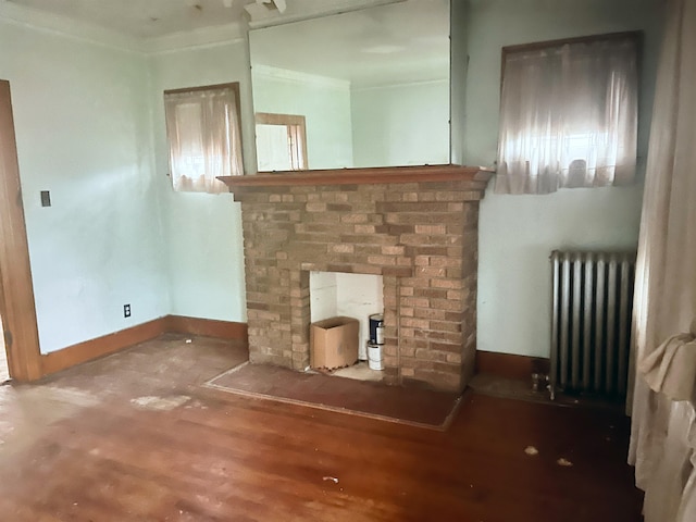 13310 Wilshire Dr, Detroit, MI 48213 - unfurnished living room featuring radiator, wood finished floors, a fireplace, and crown molding