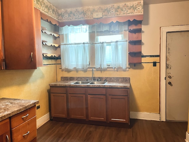 13310 Wilshire Dr, Detroit, MI 48213 - kitchen featuring open shelves, dark wood-style flooring, and brown cabinetry