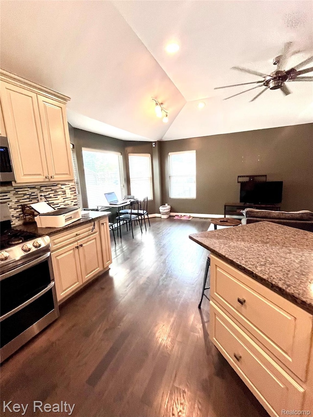7949 Church Rd, Grosse Ile, MI 48138 - kitchen with appliances with stainless steel finishes, lofted ceiling, dark wood finished floors, backsplash, and ceiling fan