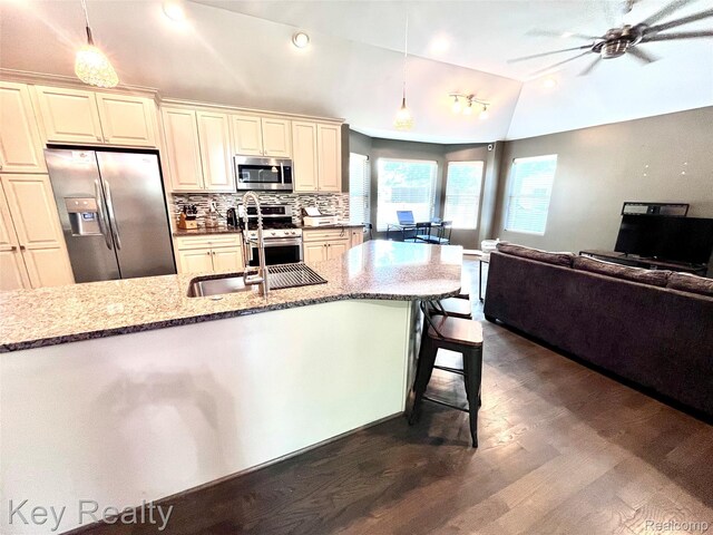 7949 Church Rd, Grosse Ile, MI 48138 - kitchen featuring stainless steel appliances, lofted ceiling, dark wood-style floors, light stone countertops, and backsplash