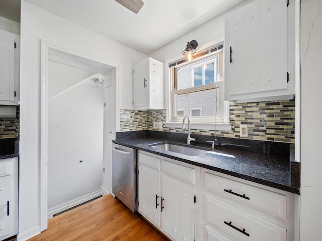 2391 Cambridge Rd, Berkley, MI 48072 - kitchen with stainless steel dishwasher, decorative backsplash, white cabinets, and light wood-style flooring
