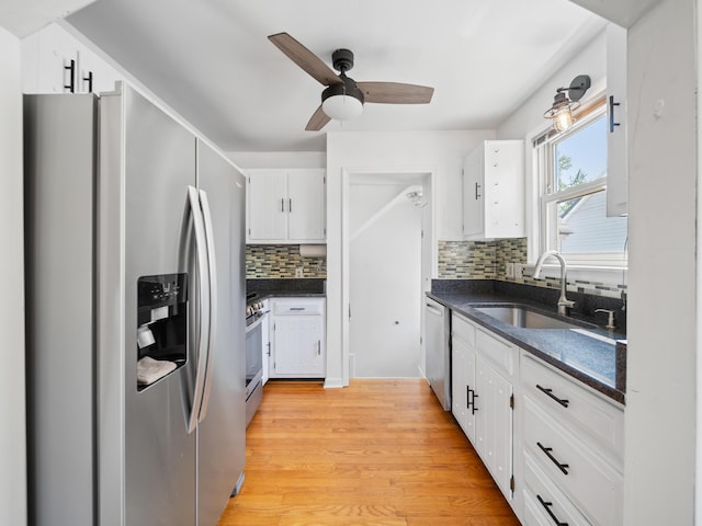 2391 Cambridge Rd, Berkley, MI 48072 - kitchen featuring appliances with stainless steel finishes, white cabinetry, backsplash, and ceiling fan