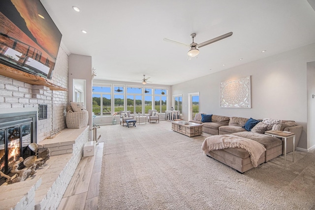 828 Russmiller Loop, Brooklyn, MI 49230 - living room with a ceiling fan, a fireplace, carpet flooring, and recessed lighting