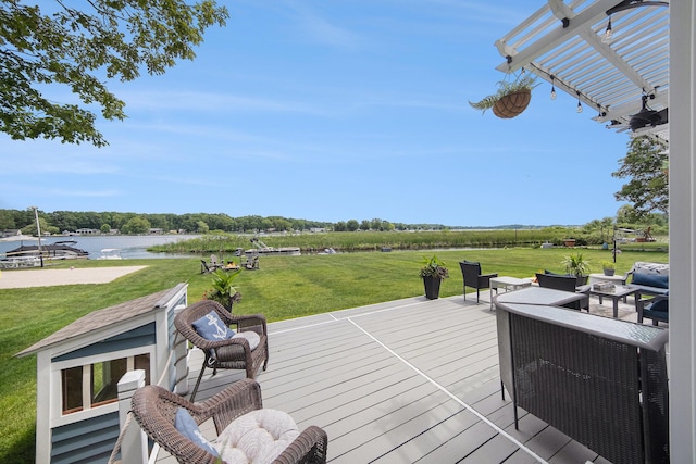 828 Russmiller Loop, Brooklyn, MI 49230 - deck featuring a water view, a lawn, a pergola, and outdoor lounge area