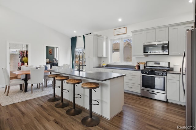 619 N Watkins, Perry, MI 48872 - kitchen featuring stainless steel appliances, dark countertops, dark wood-style flooring, lofted ceiling, and a breakfast bar