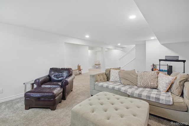 619 N Watkins, Perry, MI 48872 - living area featuring carpet flooring, stairs, and recessed lighting
