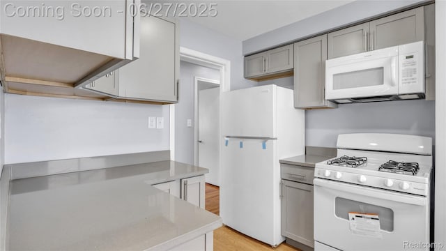 322 S Manitou Ave, Troy, MI 48017 - kitchen with white appliances, gray cabinetry, light wood finished floors, and light countertops