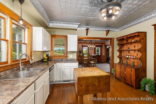 13872 Hastings Rd, Freeport, MI 49325 - kitchen featuring an ornate ceiling, dark wood finished floors, white cabinetry, dishwasher, and a kitchen island